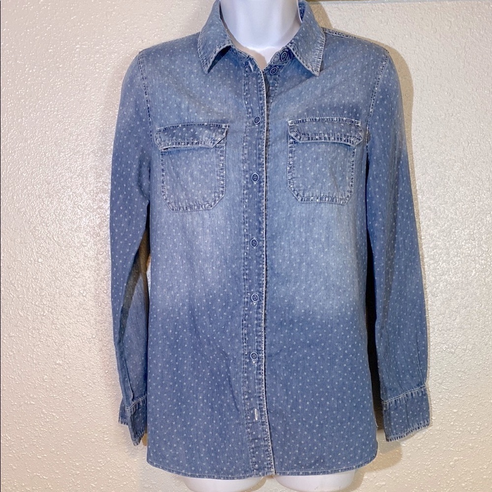 Johnny Was 3J Workshop Blue Long Sleeve Boxy Button Down with Stars